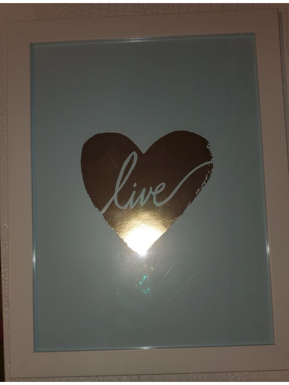 'LIVE' GOLD HEART BLUE BACKGROUND WHITE FRAMED INSPIRATION QUOTE ART 13"x10.5"